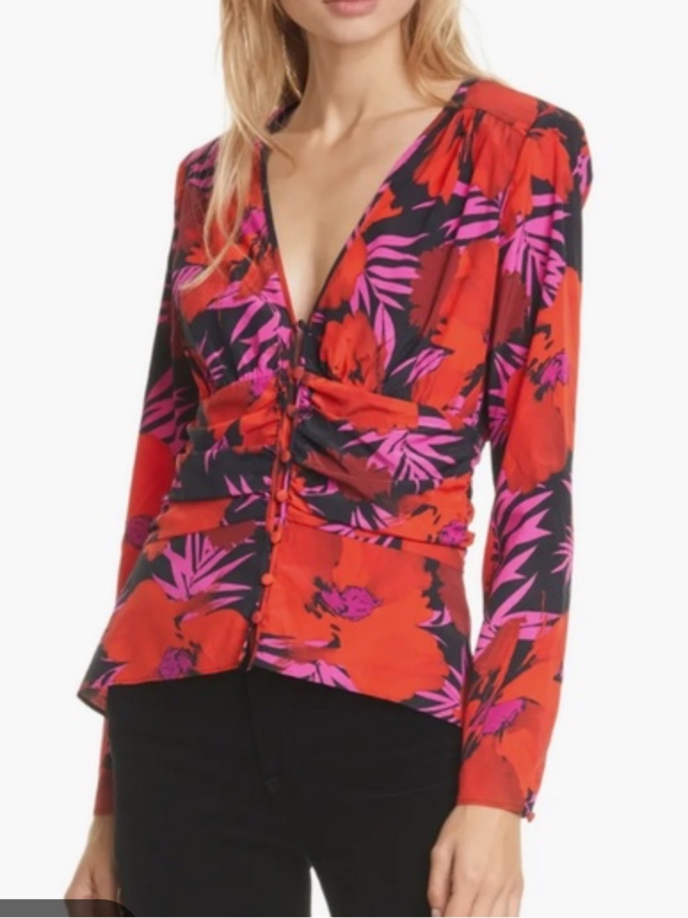 Veronica Beard Red, Pink & Black Floral Button-Front Top